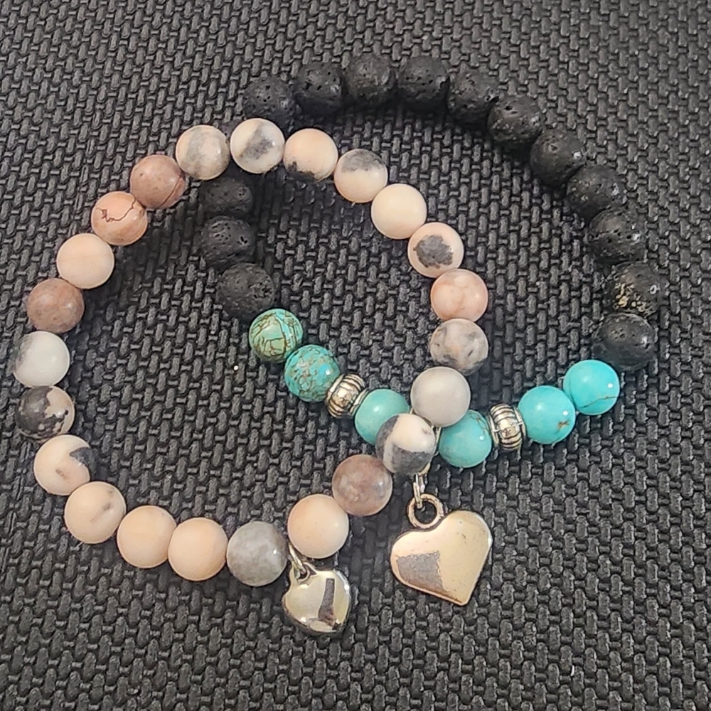 Heart Charm Beaded Bracelet Set, Jade‎ And Tourmaline.